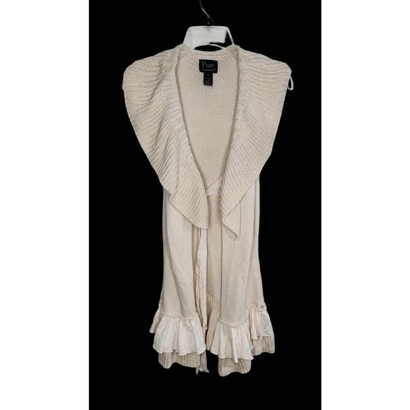 Pure Handknit Cotton Long Cardigan Front Tie Creme Boho Sweater Size S/M - Picture 3 of 9